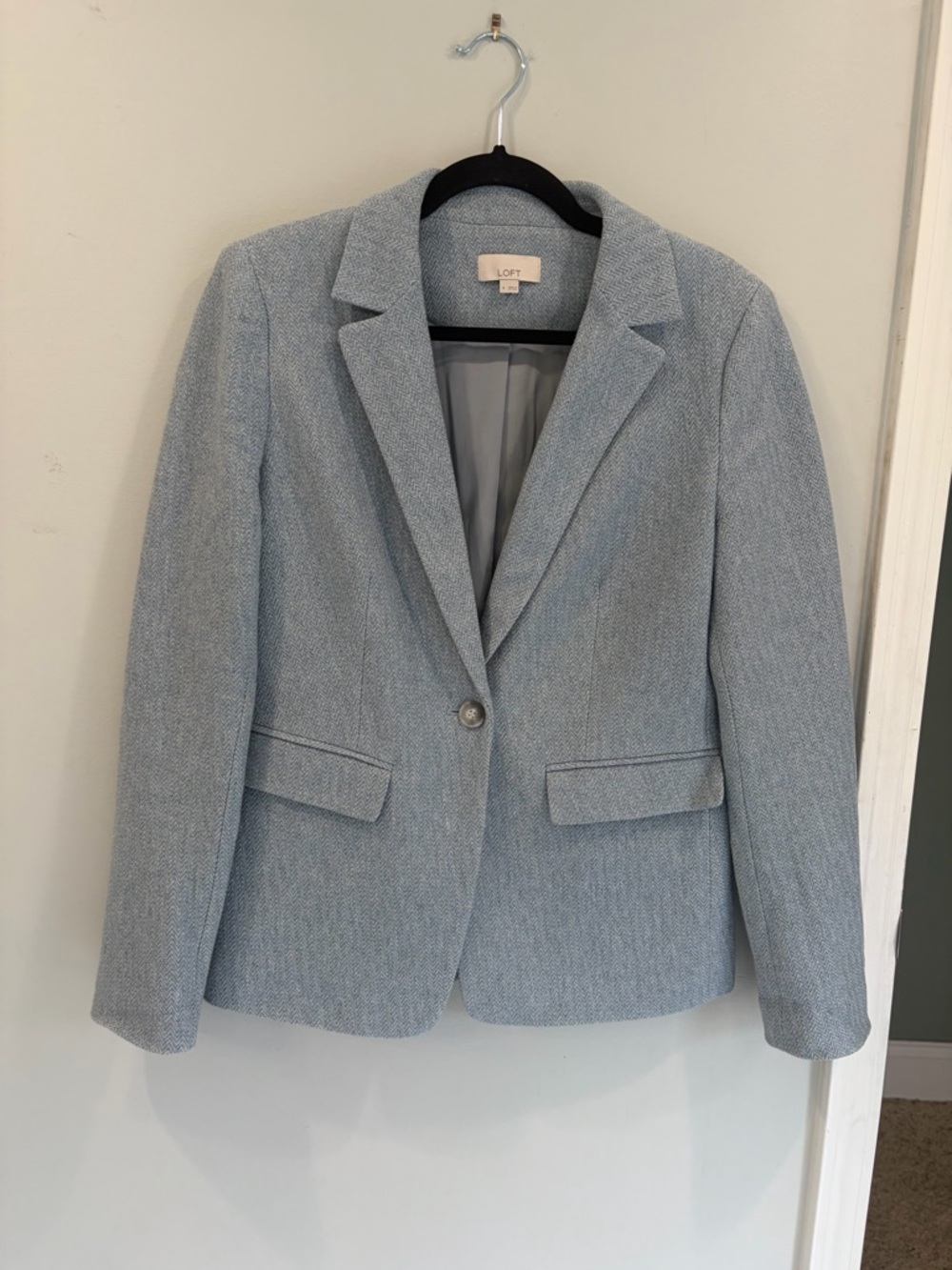 LOFT Light Blue Herringbone Tailored Blazer Luxury Academia with Suede Elbows